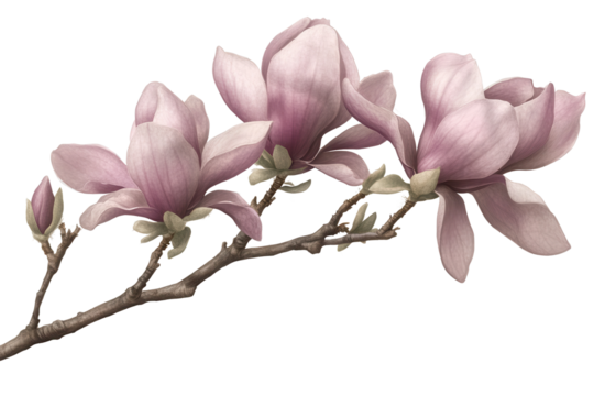 Beautiful magnolia flowers blooming on a slender stem captured in low resolution with delicate petals showcasing soft pink hues and lush green leaves against a neutral background