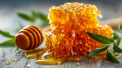 Fresh honeycomb with dripping honey and green leaves for a natural sweet treat