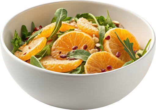 Vibrant and healthy fresh orange salad with arugula pomegranate seeds and nuts in a white bowl - Powered by Adobe