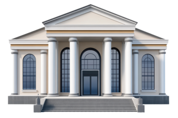 Elegant bank building with grand columns and large windows set against a transparent background showcasing architectural design elements