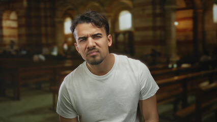 Young man in a white shirt curiously gazing inside a church with soft lighting and rows of benches, conveying a sense of contemplation amidst an indoor setting.
