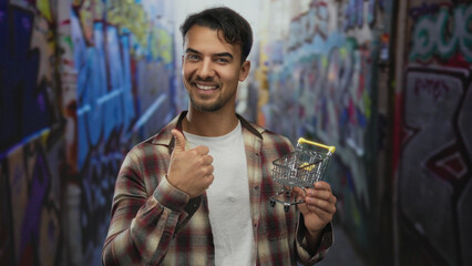 Young hispanic man in plaid shirt holding mini shopping cart giving thumbs up on graffiti alleyway background portraying urban shopping concept attention.