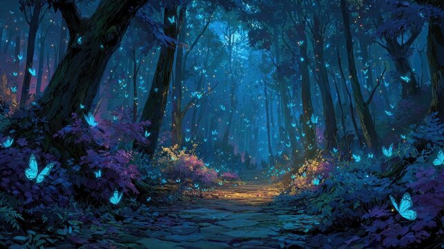 A path through a mystical forest filled with glowing butterflies