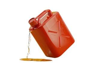 Visual depicting a tilted red fuel canister spilling liquid against a transparent field