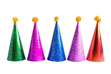 Festive colorful party hats lined up for cheerful celebrations at gatherings and events in a bright setting