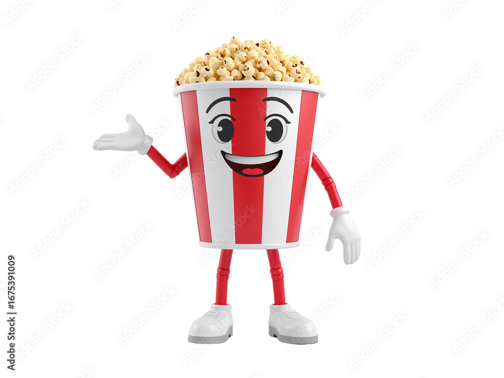 Poster animated popcorn character with red and white stripes on a transparent background