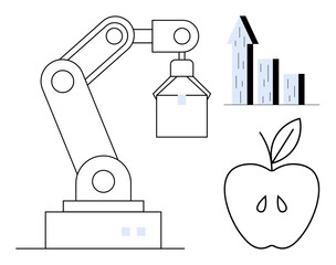 Robotic arm handling operations, graph indicating growth, and apple representing agriculture. Ideal for technology, automation, food industry, innovation, agriculture, data analytics simple landing