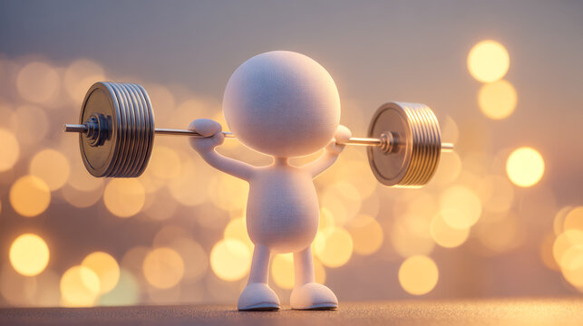 Cartoon character lifting a barbell against a bokeh background