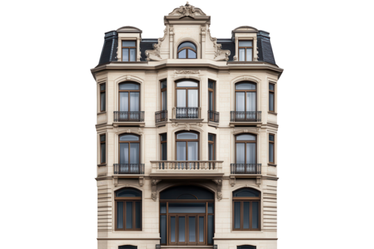 Elegant historical building with ornate architecture against a transparent backdrop showcasing fine details and symmetry in design