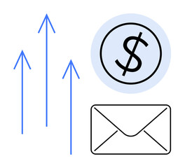 Dollar sign inside a circle, upward arrows symbolizing growth, and envelope icon for email. Ideal for finance, communication, marketing, investment, business, progress digital tools simple flat