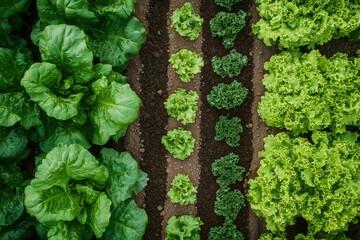 Top view of lettuce and kale plants growing in neat rows on agricultural field. Organic farming and sustainable agriculture concept with fresh green vegetables and healthy food production.