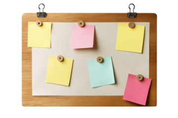 Colorful sticky notes attached to a clipboard with wooden frame showcasing various reminders in a study environment