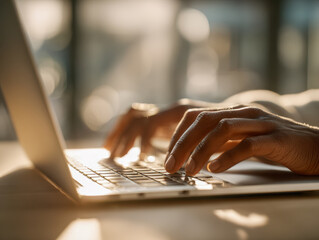 Person typing on a laptop keyboard in a well-lit environment