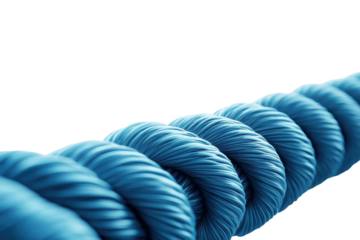 Bright blue rope coiled in an organized pattern against a light background, showcasing texture and detail suitable for various applications