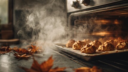 A vintage oven baking pumpkin scones, steam rising, fall leaves scattered on countertop