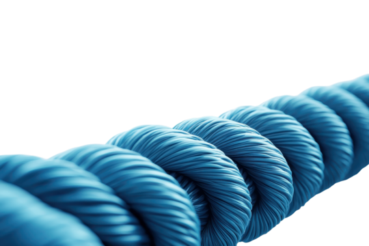 Bright blue rope coiled in an organized pattern against a light background, showcasing texture and detail suitable for various applications