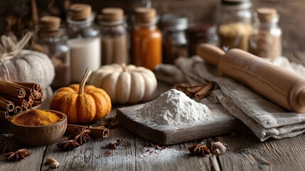 A baking station filled with pumpkins, spices, rolling pin, and linen