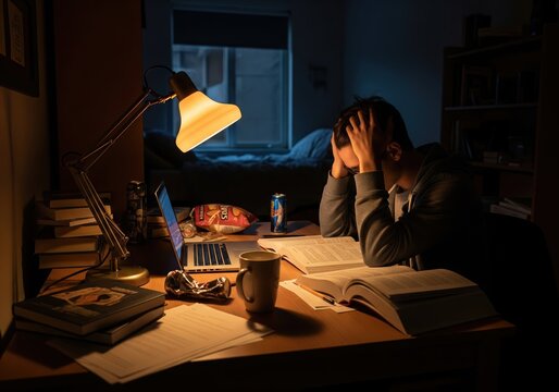 Frustrated student struggling with late-night study session at desk