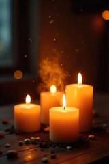 A warm and inviting scene featuring several candles burning brightly, casting a soft, flickering candlelight glow  Perfect for relaxation, ambiance, and home decor themes ,  scent,  hygge