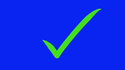 green check mark in a hand drawn style animation on a blue screen background for chroma keying to create an invisible alpha background 4K