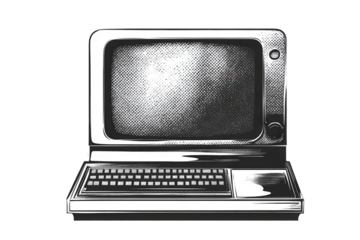 Vintage computer displayed with halftone texture, showcasing classic design elements from the past era of technology and innovation in digital art format