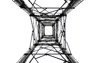 Steel tower construction viewed from below against a white background showcasing the intricate design and structure of modern engineering