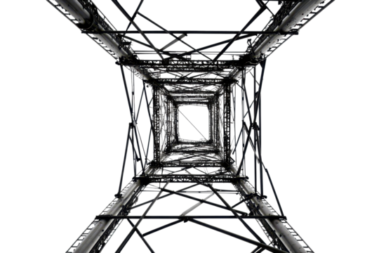Steel tower construction viewed from below against a white background showcasing the intricate design and structure of modern engineering