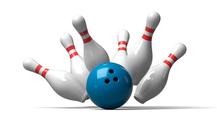 High-contrast blue bowling ball hitting white pins on pure white background