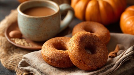 A kitchen flat lay with baked pumpkin donuts, nutmeg, and ceramic mug of cider