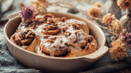 A maple pecan rolls with gooey glaze in a ceramic dish, surrounded by dried flowers