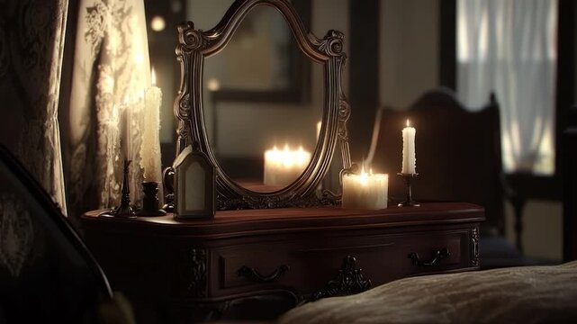 Ornate vanity with candles in a bedroom
