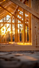 Fototapeta premium Wooden frame construction during sunset in a sunny outdoor setting