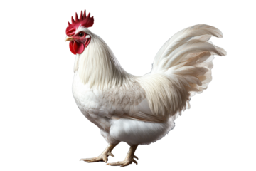 Full body view of a white rooster showcasing vibrant plumage against a neutral gray background, highlighting its distinct features and elegance