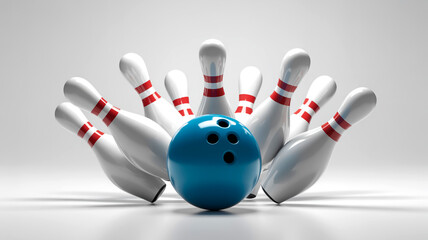 High-contrast blue bowling ball hitting white pins on pure white background