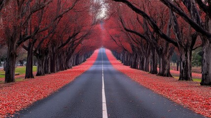 Scenic autumn road lined with vibrant red trees and fallen leaves