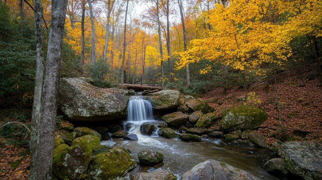 Small waterfall cascades over moss covered rocks in a vibrant autumn forest