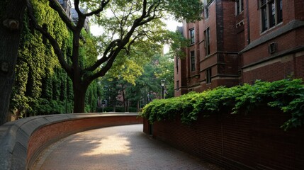 Peaceful evening light illuminates serene pathway surrounded by ivy covered buildings, creating tranquil atmosphere in academic setting