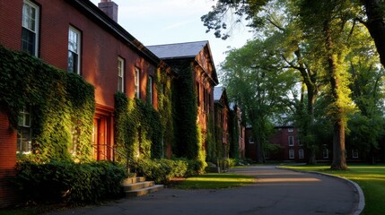 Peaceful evening light hitting ivy covered buildings in academic setting, showcasing classic architecture and lush greenery. serene atmosphere invites reflection and study