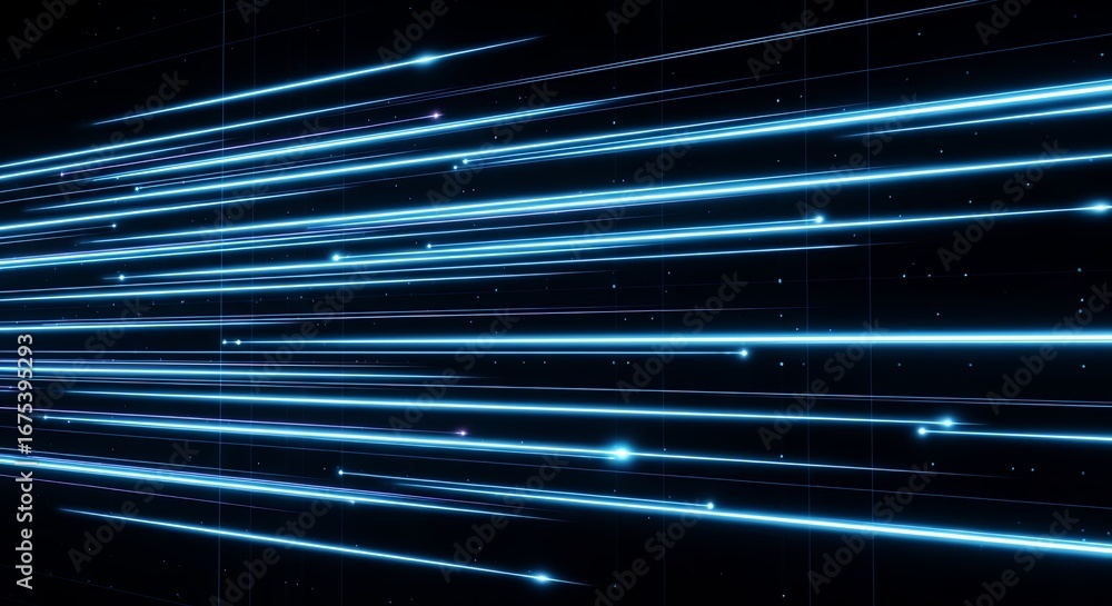 Poster neon blue light streaks on a dark backdrop with grid lines and particle effects. concept for data tr