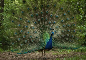 Obraz premium Majestic Peacock Displaying its Vibrant Plumage in a Lush Forest Setting