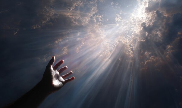 A hand reaching towards a radiant sky