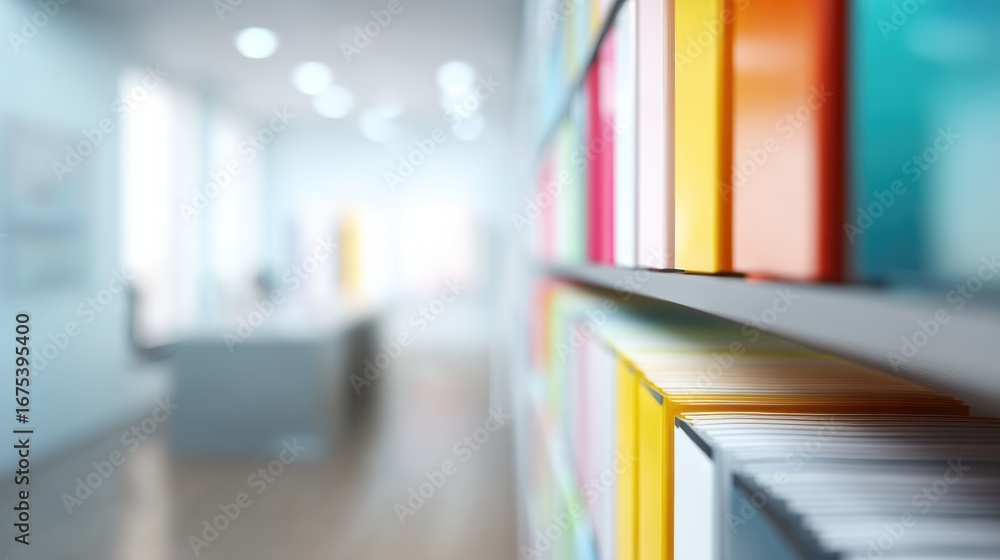 Poster colorful folders arranged on shelf create vibrant and organized workspace atmosphere. blurred backgr