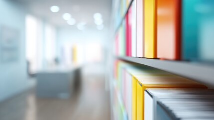 Colorful folders arranged on shelf create vibrant and organized workspace atmosphere. blurred background adds sense of depth, enhancing focus on colorful items