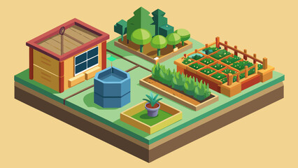 A garden with a blue tank and a wooden box. The garden is full of plants and pots