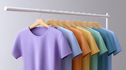Obraz premium Cyber monday shopping, A colorful display of neatly arranged t-shirts hanging on a white rack, showcasing various pastel shades and a modern aesthetic.