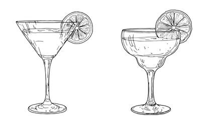 Martini glass on a thin stem, with a slice of lime, black and white ink sketch. Vector illustration. Classic cocktail glass for martini, tropical flower and monstera leaf, isolated on white background