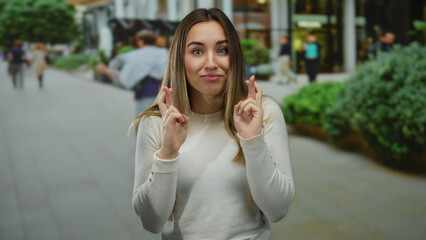 Woman outdoors with fingers crossed showing hopeful expression on a bustling city street, embodying anticipation and wishful thinking in a vibrant urban setting.