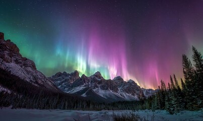 Aurora borealis over snowy mountains