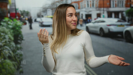 Woman gesturing and covering face while standing on busy street in outdoor urban setting against a backdrop of cars and buildings