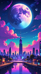 Vibrant cityscape at night moon